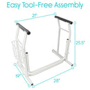 Front Centered View Of The Vive Health Stand Alone Toilet Rail With Text 'Easy Tool-Free Assembly' And Written Dimensions Along The Frame