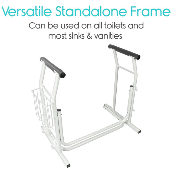 Front Centered View Of The Vive Health Stand Alone Toilet Rail With Text 'Versatile Standalone Frame' And 'Can Be Used On All Toilets And Most Sinks & Vanities'.