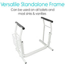 Front Centered View Of The Vive Health Stand Alone Toilet Rail With Text 'Versatile Standalone Frame' And 'Can Be Used On All Toilets And Most Sinks & Vanities'.