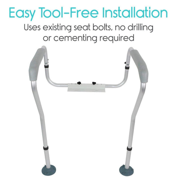 Front Centered View Of The Vive Health Toilet Safety Rail With Text Highlighting Its Easy Tool-Free Installation
