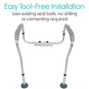 Front Centered View Of The Vive Health Toilet Safety Rail With Text Highlighting Its Easy Tool-Free Installation
