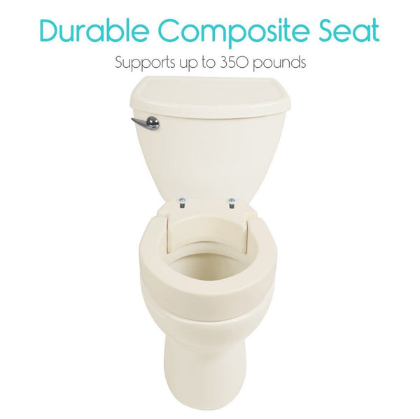 Front Centered View Of The Vive Health Toilet Seat Riser Shown On A Toilet Bowl With Text 'Durable Composite Seat' And 'Supports Up To 350 Pounds'