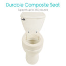 Front Centered View Of The Vive Health Toilet Seat Riser Shown On A Toilet Bowl With Text 'Durable Composite Seat' And 'Supports Up To 350 Pounds'