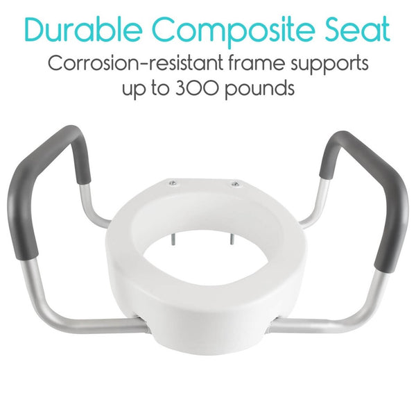 Front Centered View Of The Vive Health Toilet Seat Riser With Handles With Text 'Durable Composite Seat' And 'Corrosion-Resistant Frame Supports Up To 300 Pounds'