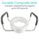 Front Centered View Of The Vive Health Toilet Seat Riser With Handles With Text 'Durable Composite Seat' And 'Corrosion-Resistant Frame Supports Up To 300 Pounds'