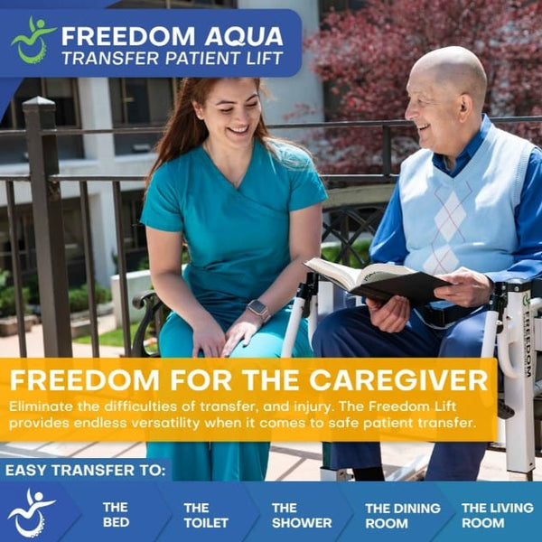 Front Image Of The Freedom Aqua Shower Patient Transfer Lift Shown With Elderly Man Sitting With Caregiver Highlighting The Freedom The Lift Gives Caregivers