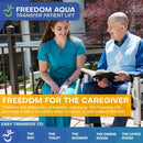 Front Image Of The Freedom Aqua Shower Patient Transfer Lift Shown With Elderly Man Sitting With Caregiver Highlighting The Freedom The Lift Gives Caregivers