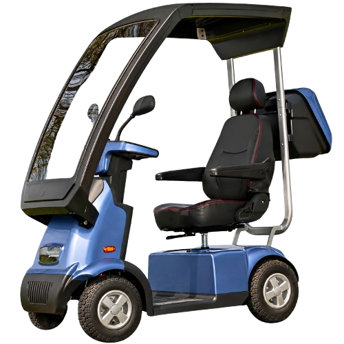 Front Left Side View Of The AFIKIM Afiscooter C4 Scooter Shown With Optional Hard Top Canopy In The Blue Color