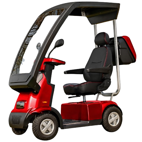 Front Left Side View Of The AFIKIM Afiscooter C4 Scooter Shown With Optional Hard Top Canopy In The Red Color