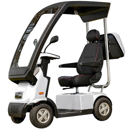 Front Left Side View Of The AFIKIM Afiscooter C4 Scooter Shown With Optional Hard Top Canopy In The Silver Color