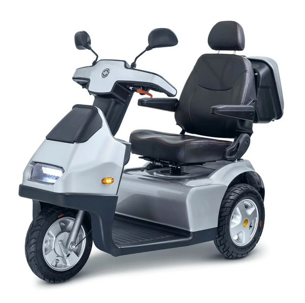 Front Left Side View Of The AFIKIM Afiscooter S3 Scooter Shown In The Silver Color With Optional Rear Lock Box