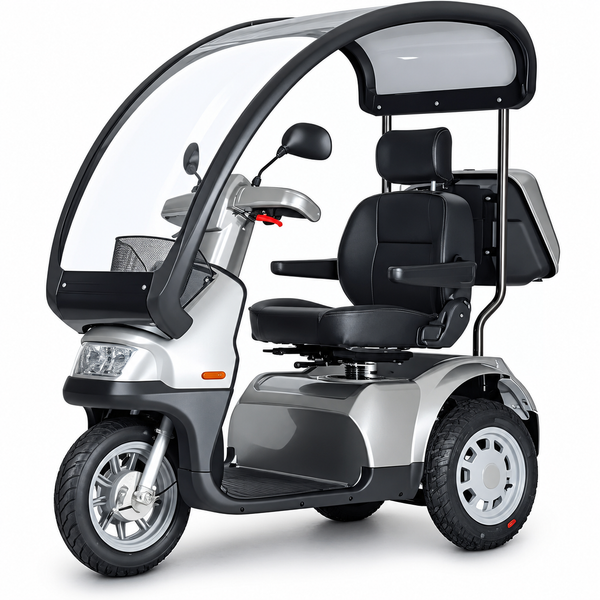 Front Left Side View Of The AFIKIM Afiscooter S3 Scooter With Optional Dual Seat Configuration And Rear Lock Box Shown In Silver Color