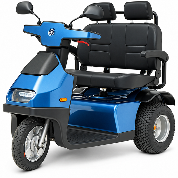 Front Left Side View Of The AFIKIM Afiscooter S3 Scooter With Optional Dual Seat Configuration Shown In Blue Color