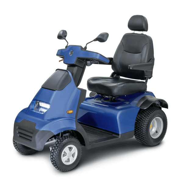 Front Left Side View Of The AFIKIM Afiscooter S4 Scooter Shown In The Blue Color