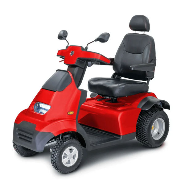 Front Left Side View Of The AFIKIM Afiscooter S4 Scooter Shown In The Red Color