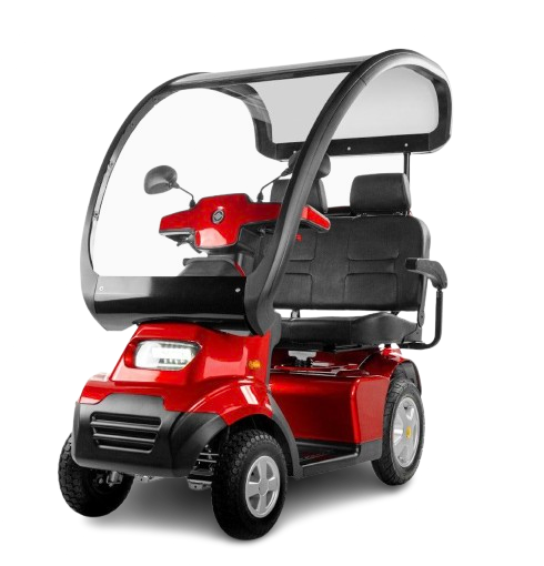 Front Left Side View Of The AFIKIM Afiscooter S4 Scooter Shown With Optional Dual Seat And Canopy In The Red Color