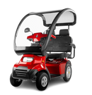 Front Left Side View Of The AFIKIM Afiscooter S4 Scooter Shown With Optional Dual Seat And Canopy In The Red Color