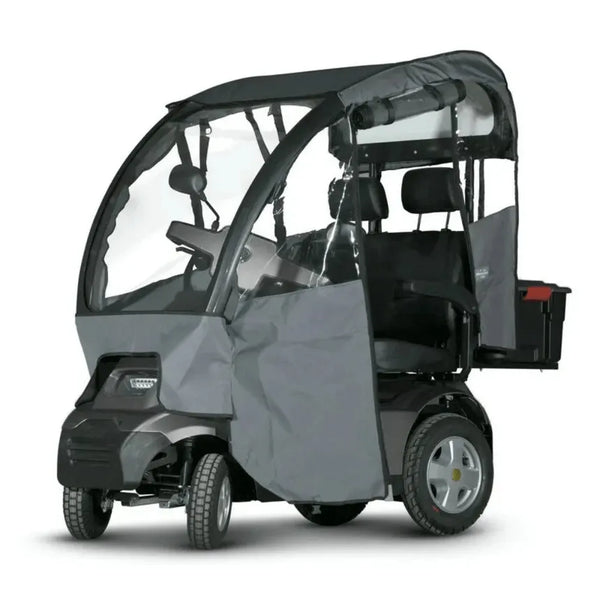 Front Left Side View Of The AFIKIM Afiscooter S4 Scooter Shown With Optional Rain Side Guard And The Dual Seat Configuration