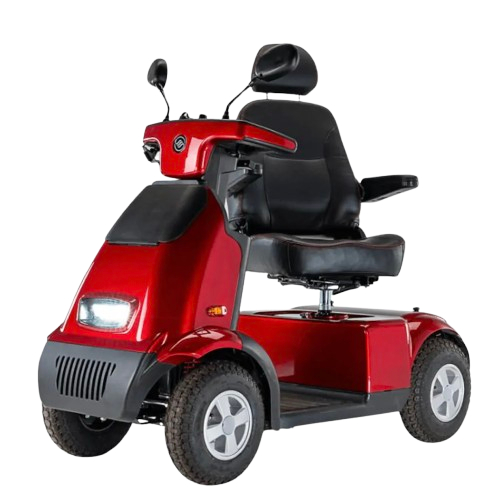 Front Left Side View Of The AFIKIM Afiscooter S4 Scooter With The Chair In The Turned Position Shown In The Red Color