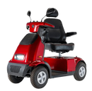 Front Left Side View Of The AFIKIM Afiscooter S4 Scooter With The Chair In The Turned Position Shown In The Red Color