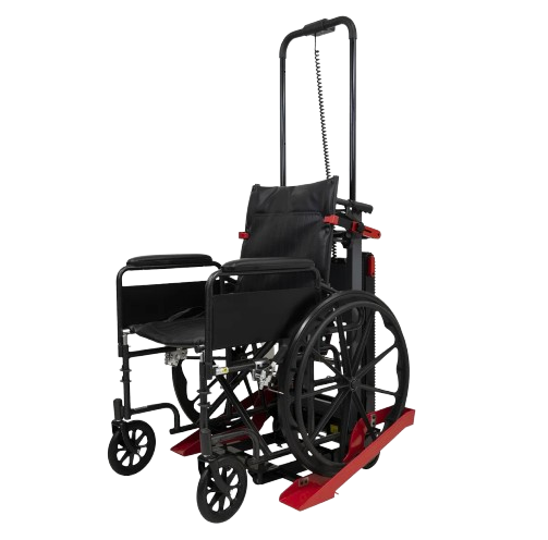 Front Left Side View Of The Atlas Stair Climbing Wheelchair Lift Shown With A Wheelchair Inside The Device With The Handle In The Extended Position