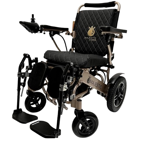 Front Left Side View Of The ComfyGo IQ 9000 Electric Wheelchair Shown With Elevating Leg Rests With Bronze Frame And Black Cushion