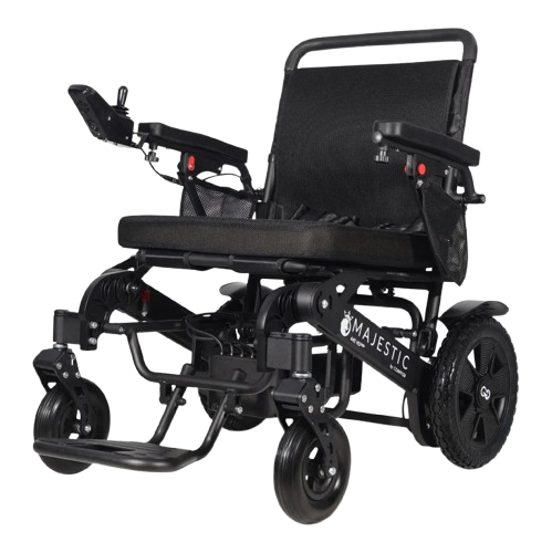 Front Left Side View Of The ComfyGo Majestic 440 HD Remote Controlled Heavy Duty Electric Wheelchair