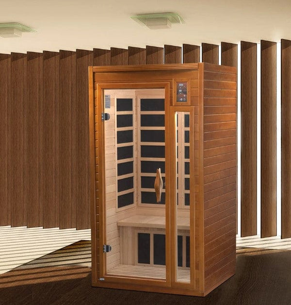 Front Left Side View Of The Dynamic Barcelona Elite 2-Person Ultra Low EMF FAR Infrared Indoor Sauna | DYN-6106-01-Elite Shown In An Indoor Setting