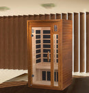 Front Left Side View Of The Dynamic Barcelona Elite 2-Person Ultra Low EMF FAR Infrared Indoor Sauna | DYN-6106-01-Elite Shown In An Indoor Setting
