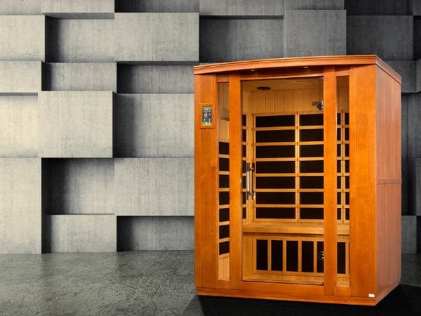 Front Left Side View Of The Dynamic Bellagio 3-Person Low EMF FAR Infrared Indoor Sauna | DYN-6306-02 Shown In An Indoor Setting