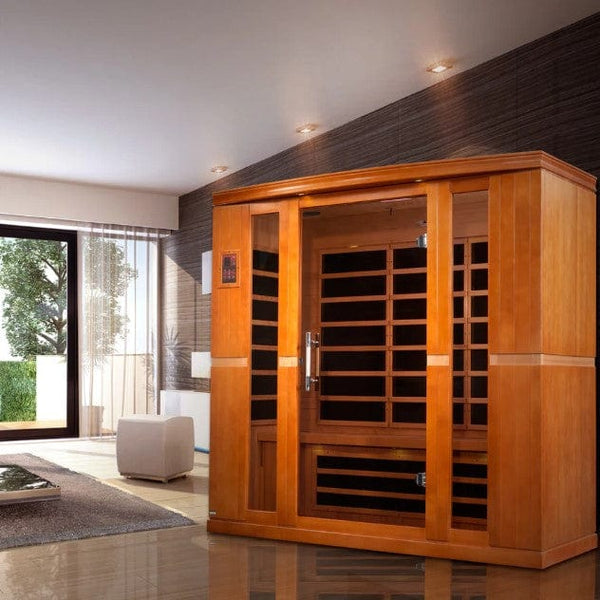 Front Left Side View Of The Dynamic Bergamo 4-Person Low EMF FAR Infrared Indoor Sauna | DYN-6440-01 Shown In An Indoor Setting