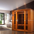 Front Left Side View Of The Dynamic Bergamo 4-Person Low EMF FAR Infrared Indoor Sauna | DYN-6440-01 Shown In An Indoor Setting