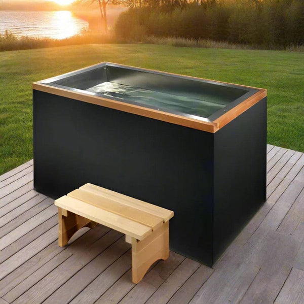 Front Left Side View Of The Dynamic Cuboid Cold Plunge Tub Shown In An Outdoor Setting
