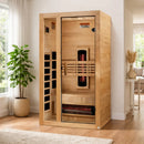 Front Left Side View Of The Dynamic Gracia 2-Person Full Spectrum Near Zero EMF FAR Infrared Indoor Sauna | DYN-6119-03 FS Shown In An Indoor Setting