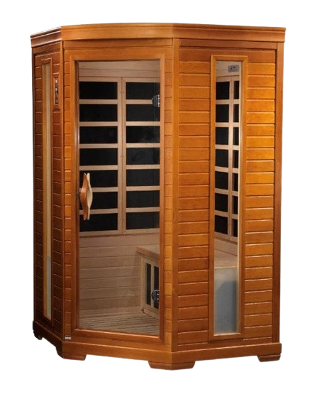 Front Left Side View Of The Dynamic Heming 2-Person Low EMF FAR Infrared Indoor Corner Sauna | DYN-6225-02