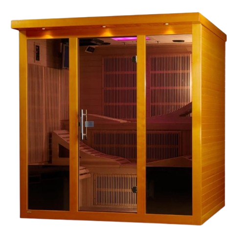 Front Left Side View Of The Dynamic Monaco 6-Person Ultra Low EMF FAR Infrared Indoor Sauna | DYN-6996-01 Elite