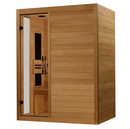 Front Left Side View Of The Dynamic Toscana 3 Person Ultra Low EMF FAR Infrared Indoor Sauna | DYN-6315-05 Elite