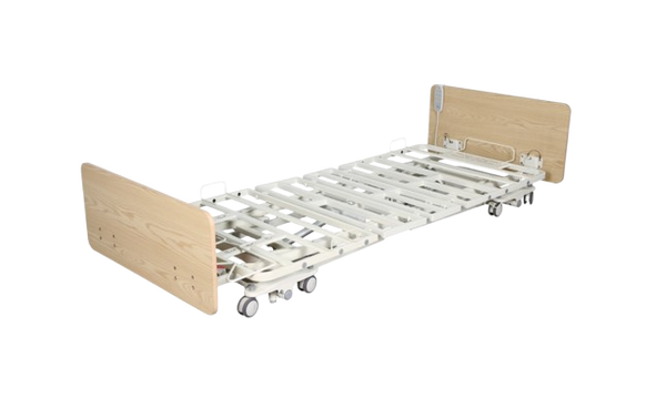 Front Left Side View Of The Emerald Oasis Hi Low Adjustable Bed Shown In Low Height Flat Position