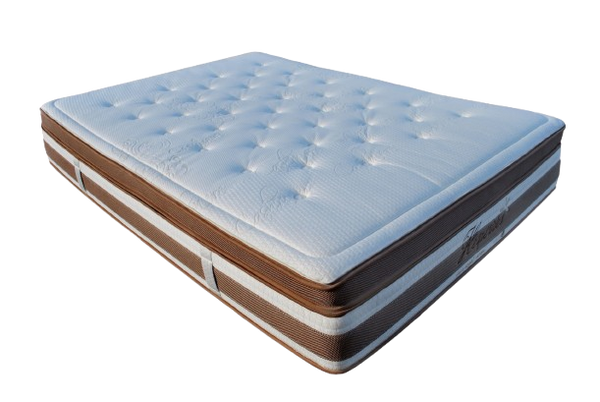 Front Left Side View Of The Eurolux Lux By Naturalia: The 6-Layer Luxury Mattress Crafted By Masters With A Tufted White Top, Brown And White Side Panels, And A Dark Brown Base