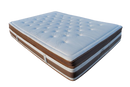 Front Left Side View Of The Eurolux Lux By Naturalia: The 6-Layer Luxury Mattress Crafted By Masters With A Tufted White Top, Brown And White Side Panels, And A Dark Brown Base