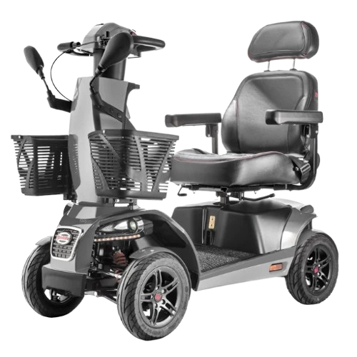 Front Left Side View Of The FreeRiderUSA FR1 Terrain Mobility Scooter Shown In The Metallic Gray Color