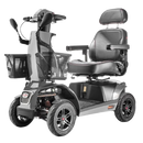Front Left Side View Of The FreeRiderUSA FR1 Terrain Mobility Scooter Shown In The Metallic Gray Color