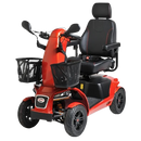 Front Left Side View Of The FreeRiderUSA FR1 Terrain Mobility Scooter Shown In The Metallic Orange Color