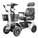 Front Left Side View Of The FreeRiderUSA FR1 Terrain Mobility Scooter Shown In The White Color