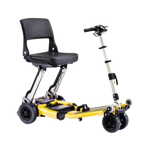 Front Left Side View Of The FreeRiderUSA Luggie Standard Folding Mobility Scooter Shown In The Yellow Color