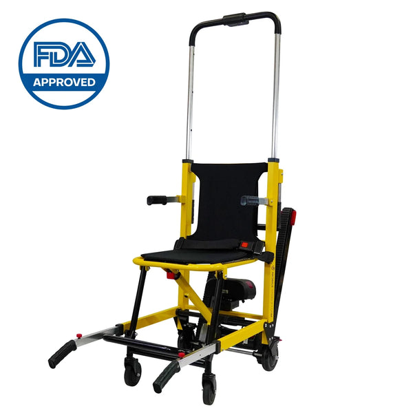 Front Left Side View Of The Genesis Mobile Stairlift Shown With The Handle In The Extended Position With An FDA APPROVED Logo