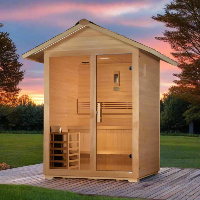Front Left Side View Of The Golden Designs Arlberg 3-Person Outdoor Sauna | GDI-8103-01 Shown In An Outdoor Setting