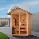 Front Left Side View Golden Designs Carinthia 3-Person Hybrid Outdoor Sauna | GDI-8123-01 Shown In A Backyard Setting