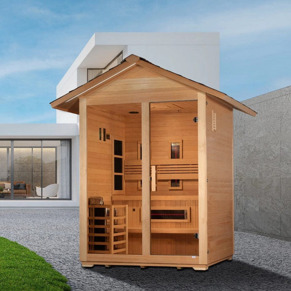 Front Left Side View Golden Designs Carinthia 3-Person Hybrid Outdoor Sauna | GDI-8123-01 Shown In A Backyard Setting