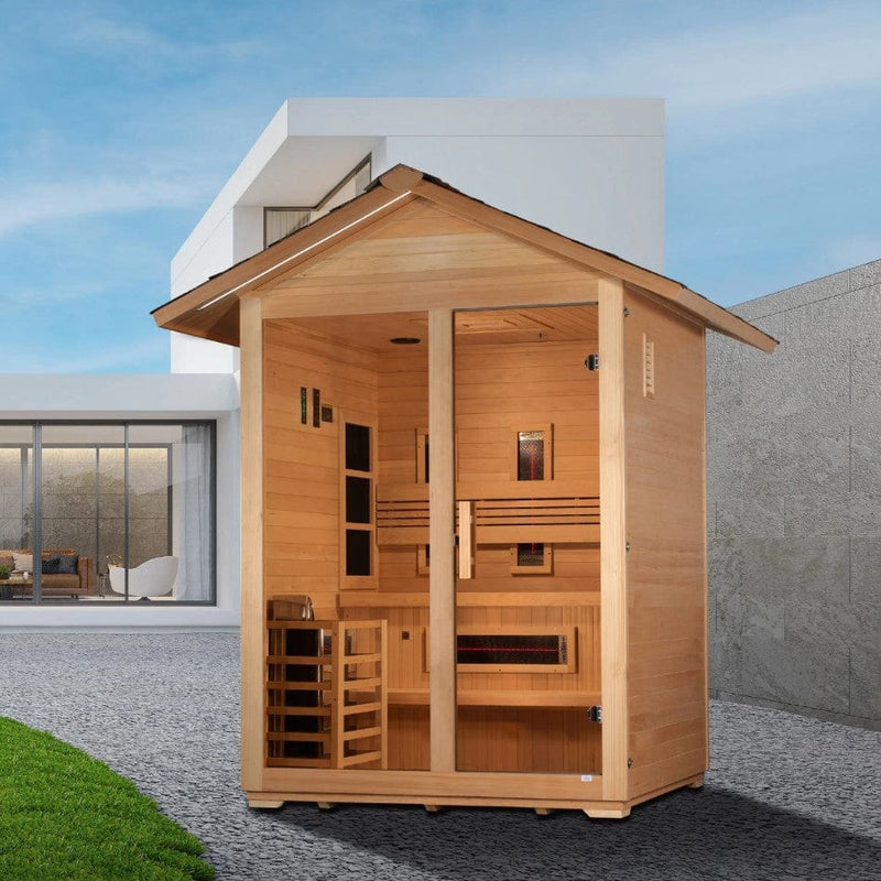 Front Left Side View Golden Designs Carinthia 3-Person Hybrid Outdoor Sauna | GDI-8123-01 Shown In A Backyard Setting